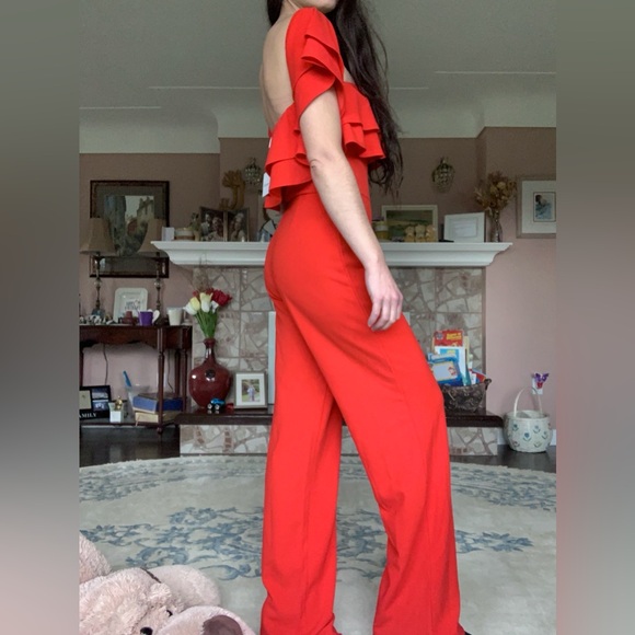 Revamped Coral Red Ruffled Jumpsuit - Picture 5 of 13